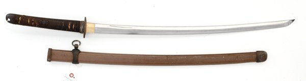 WWII Japanese Officer's Samurai Sword Signed Blade: WWII Japanese Officer's Samurai Sword with Signed Blade Katana with 26.25" blade, likely Edo period, standard iron tsuba and military mounts for low ranking officer; brown painted metal scabbard.