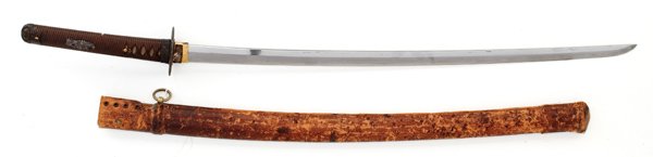 WWII Japanese Officer's Samurai Sword : WWII Japanese Officer's Samurai Sword Katana with 26.5" unsigned blade, silver and brass "falling rain" pattern habaki, Edo period iron tsuba, handle has imperial dragons; leather scabbard.