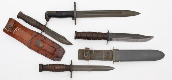 Lot of 4 U.S. WWII Fighting Knives and Bayonets : Lot of 4 U.S. WWII Fighting Knives and Bayonets USN KA-BAR MK2 in M4 scabbard, Camillus Pilot survival knife, Imperial M4 parkerized carbine bayonet (no scabbard), PAL 10" M1 Garand bayonet (no scab