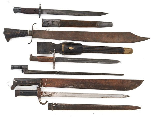 Lot of 6 WWII Edged Weapons : Lot of 6 WWII Edged Weapons British Enfield bayonet, French Berthier bayonet, Italian bayonet, Mosin Nagant bayonet, Philippine short sword, Collins 1944 dated machete.