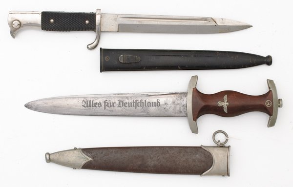 WWII Nazi German SA Dagger and Dress Bayonet : WWII Nazi German SA Dagger and Dress Bayonet SA - Scarce Ed. Wusthof trident maker's mark, nrh gaul mark, nickel fittings, early features, blade motto, anodized scabbard. Fireman's: no maker's mark,