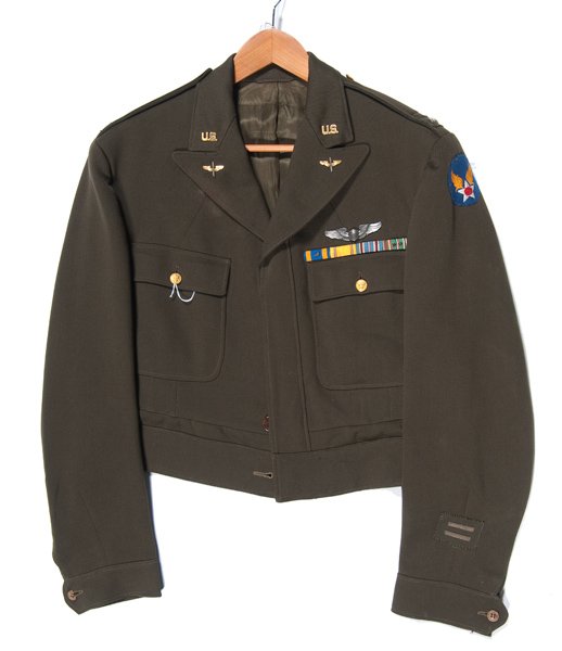 U.S. WWII "Ike" Jacket : U.S. WWII "Ike" Jacket Made "Ike" Jacket by J.L. Taylor Co. of New York with bullion officer's insignia, British-made Air Force patch. Sewn on ribbon bar containing four medals including air medal w
