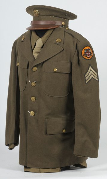 WWII U.S. Army Enlisted Man's ClassA Tunic, Plus: WWII U.S. Army Enlisted Man's Class A Tunic and Visor Cap with Shirt and Tie Tank destroyer collar insignia and patch, sergeant chevrons; on half mannequin.