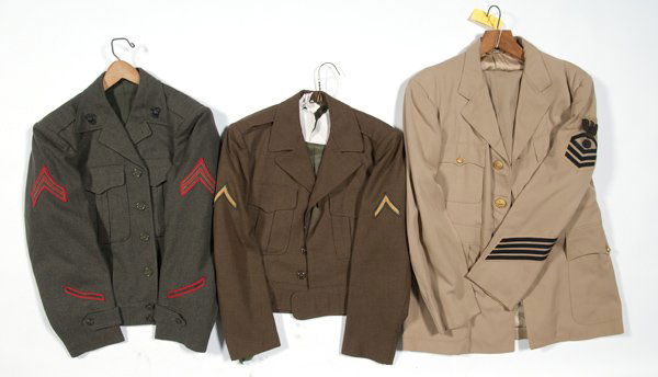 One WWII Uniform and Two Korean War Uniforms, PLUS: One WWII Uniform and Two Korean War Uniforms, PLUS Group nine of post-WWII medals, including three jump wings, one Philippine campaign medal. Box of holsters and knife sheaths, forearms for a Model