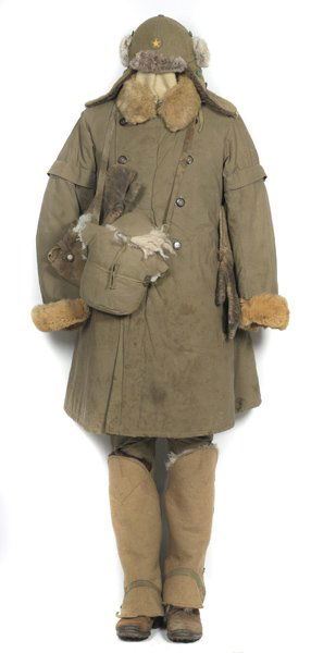 WWII Japanese Winter Uniform on Full Mannequin : WWII Japanese Winter Uniform on Full Mannequin Includes tunic, pants, overcoat, leggings, boots, canteen with winter cover and strap, rabbit fur hat and pair of three-fingered mittens.