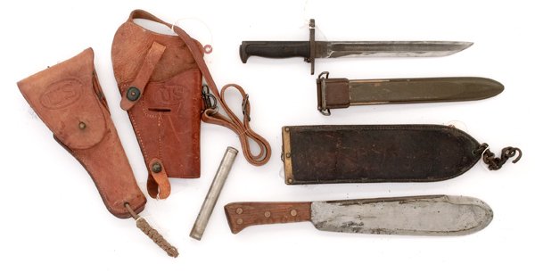 WWII U.S. Holsters, Bolo Knife, M1 Garand Bayonet : WWII U.S. Holsters, Bolo Knife, M1 Garand Bayonet WWII Boyt 43 dated 1911 shoulder holster, 1911 hip holster with no maker's mark, U.S.M.C. Village Blacksmith maker's mark Boyt 45 dated scabbard, 10