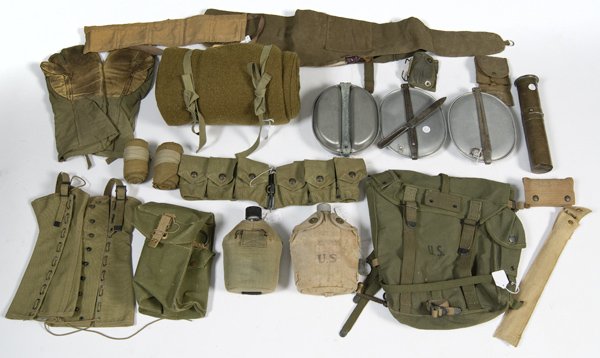 20-Piece Lot of U.S. WWI & WWII Field Gear : 20-Piece Lot of U.S. WWI & WWII Field Gear 3 mess kits, 2 canteens, WWII sleeping bag dated 1944, M1 carbine pouch, 1 set leggings, BAR pouch, razor kit, compass, cold weather gunners' mittens, back