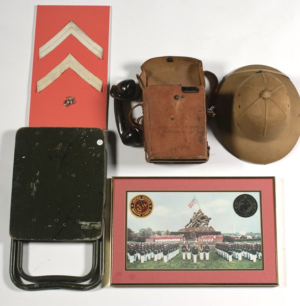 Lot of Misc. U.S.M.C. Militaria : Lot of Misc. U.S.M.C. Militaria Graduation picture and patches, WWII pith helmet, early chevrons & EGA, WWII field desk chair, signal corps field phone.
