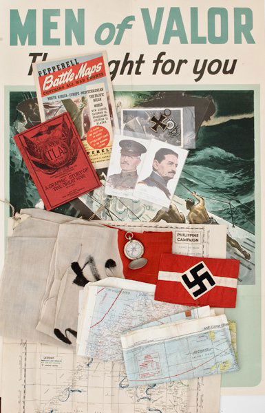 World War II Archive, with Maps, Flag, and Armband: World War II Archive, Featuring Maps, Flag, and Hitler Youth Armband PLUS Iron Cross, 2nd class WWI and WWI & WWII postcards. Japanese prayer flag. Two silk invasion maps one for European Theater of