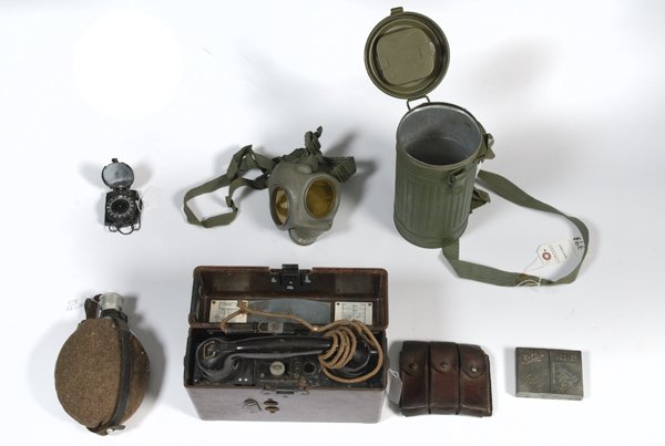 Lot of German Field Gear : Lot of German Field Gear Includes field phone, gas mask, canteen, compass, field stove, and magazine pouch.