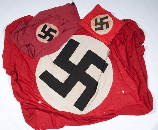 Lot of 3 WWII Nazi German Flags : Lot of 3 WWII Nazi German Flags 1) 18"x22" Party flag 2) 38"x50" Party flag 3) 14'x 6'6" Regimental size party flag.