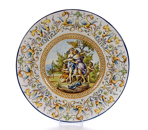 Italian Majolica Faience Charger : Italian Majolica Faience Charger Italian, 19th century, large Italian majolica hand-painted charger with central medallion depicting classical scene and border of mythological characters; dia. 18 in