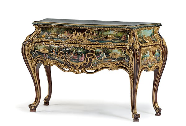 Rococo-style Commode : Rococo-style Commode Italian, mid-20th century, a bombé form with a conforming green marble top, profusely hand-painted with romantic pastoral scenes and with pierced gilt hardware; ht. 35.25, wd. 