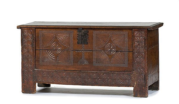 Spanish Chip Carved Chest : Spanish Chip Carved Chest Spanish, 17th century. An oak chip carved chest, carving of cross with fan base in center, flanked by squares containing corner fans and central geometric rosettes. Also, c