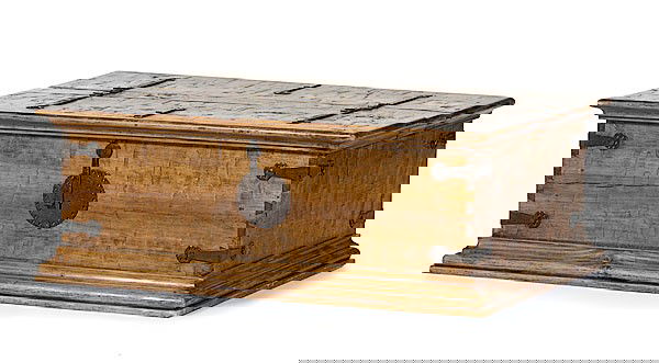 Spanish Colonial Double Lid Box : Spanish Colonial Double Lid Box New Mexico, 18th century, pine, double lid box. Top with molded edge, opens from both sides. A dovetailed case with protruding molded base. Retains iron hardware; ht.