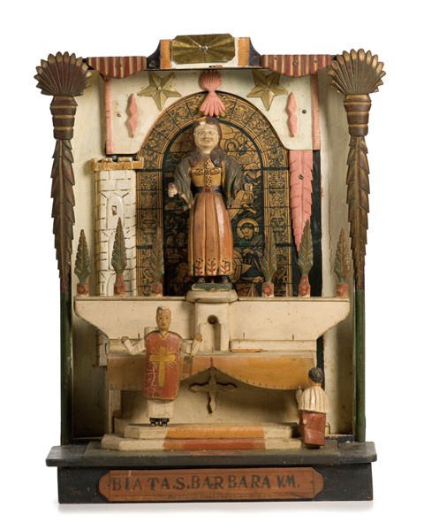 Folk Art Altar Piece for Saint Barbara : Folk Art Altar Piece for Saint Barbara Possibly Portuguese, 1900 to early 20th century, folk art altar piece for the feast day of Saint Barbara, December 4th. Of gesso and wood and painted, it has a