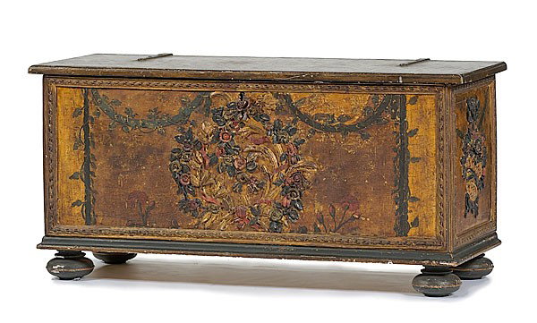 Paint Decorated Chest : Paint Decorated Chest Continental, 18th century. A pine with gesso and paint decorated chest. Applied carved floral design on front and basket with ribbon floral on sides, background painted with sw