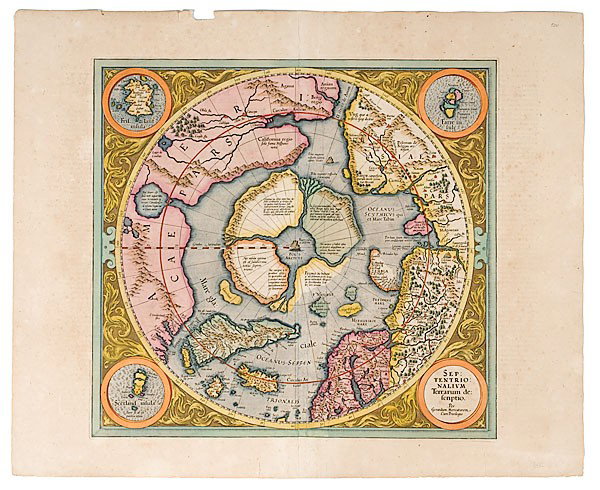 Map Septentrionalium Terrarum Descriptio : Septentrionalium Terrarum Descriptio Mercator, Gerard (1512-1594). Septentrionalium Terrarum Descriptio per Gerardum Mercatorem cum Privilegio. Plate marks approx. 14.5 x 15.5 in. (37 x 39.5cm). Han
