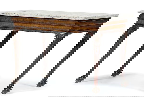 Georgian Marble-top Serving Table : Georgian Marble-top Serving Table English, ca 1730-1750, a mahogany George I marble-top serving side table with shaped edge marble top, a moulded frieze, shell carved knees and claw and ball feet; h