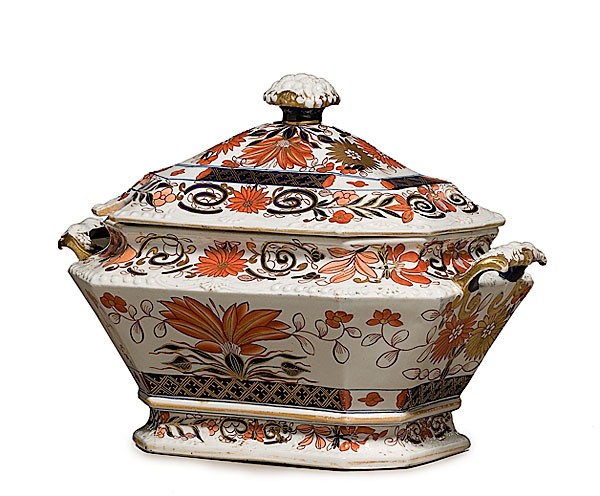 Mason's Attributed Ironstone Soup Tureen, : Mason's Attributed Ironstone Soup Tureen, English, ca 1830-50, with borders and handles, decorated in polychrome enamels in the Imari palette, with gilding. Unmarked; ht. 10, wd. 14, dp. 8.5 in.