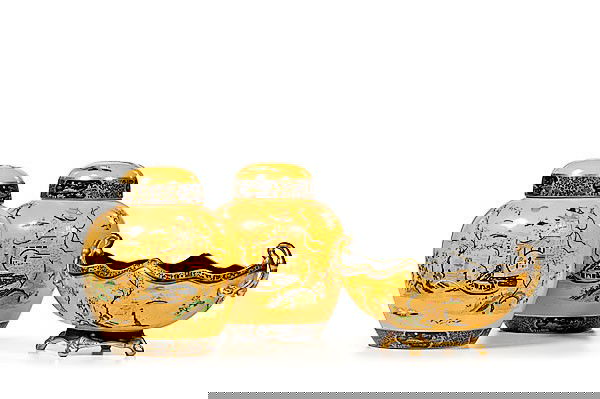 Carlton Ware Ginger Jars, Plus : Carlton Ware Ginger Jars, Plus English, late 19th- early 20th-century. A pair of bulbous ginger jars with dome top, covered in a mustard ground with enameled Chinese garden scene, stamped Carlton W