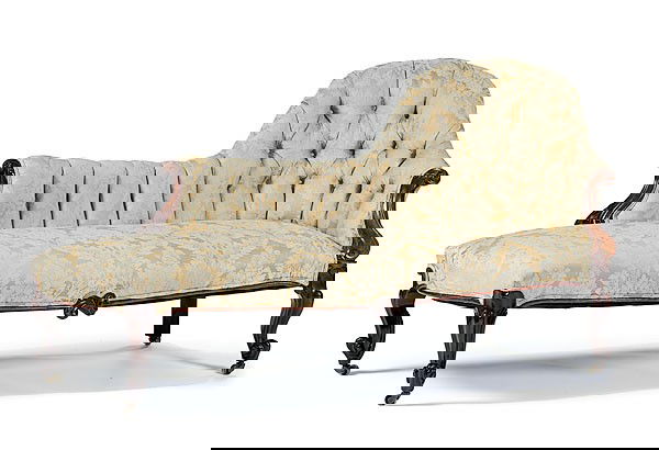 Victorian Chaise Lounge : Victorian Chaise Lounge English, ca 1840-1860. A chaise lounge in mahogany, in the Rococo taste, with tufted (later) damask upholstery; ht. 32.5, lg. 66, dp. 28 in.