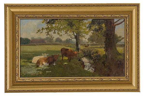 Pastoral Scene with Cows by Charles Collins, Oil o: Pastoral Scene with Cows by Charles Collins, Oil on Board Charles Collins (British, 1851-1921), signed l.l.; 10 x 17.5 in.