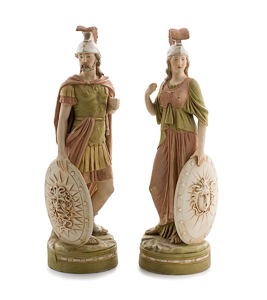 Royal Dux Classical Figures, Pair : Royal Dux Classical Figures, Pair Continental, early 20th century. A pair of Royal Dux classical figures of Greek goddess Artemis and her brother, Apollo, with Royal Dux Bohemia/E applied pink trian