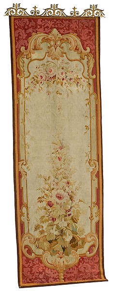 Aubusson Entre Fenetre Panel : Aubusson Entre Fenetre Panel French, late 19th century. Aubusson tapestry panel with tomato red ground and open reserve with floral bouquets, mounted on a gilt metal valance; ht. 124, wd. 41.5 in.
