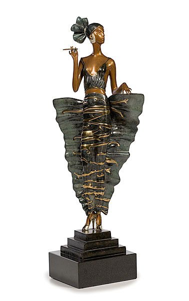 Sculpture of Woman by Erte, Patinated Bronze with: Sculpture of Woman by Erte, Patinated Bronze with Gold Leaf with Granite Base Erte (French, 1892-1990), titled Femme Fatale, stamped with approved signature at base; dp. 9.5, wd. 8, ht. 20.5 in. and