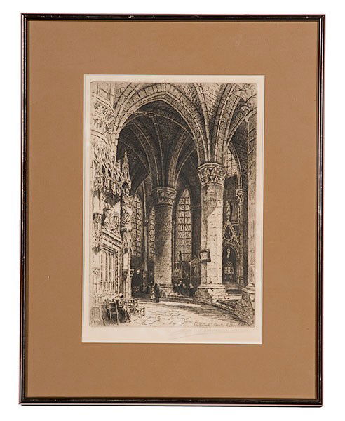 Church Interior by Camille Pissarro, Etching : Church Interior by Camille Pissarro, Etching Camille Pissarro (French, 1830-1903), titled Cathedrale de Chartres le Deam ? l.r., signed l.r. with blindstamp l.l.; 11 x 7.5 in.