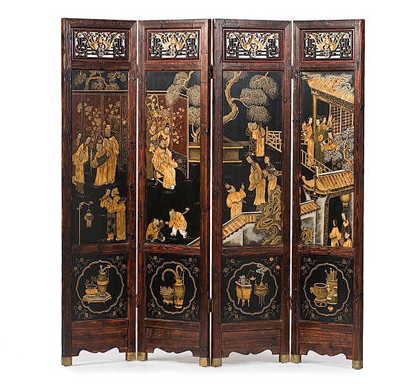 Four Panel Oriental Screen : Four Panel Oriental Screen Chinese, 20th century, carved and pierced-work top panels with raised figural scenes in center long panels and complimentary raised images of implements in low panels. Res