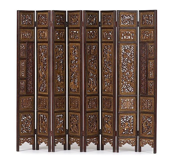Eight Panel Chinese Screen : Eight Panel Chinese Screen Ca 1880-1910, pierced and carved eight panel screen, gilt decorated on one side, Chinese red stain on reverse; ht. 71, wd. 11 in. (each panel), total wd. 91 in. Property