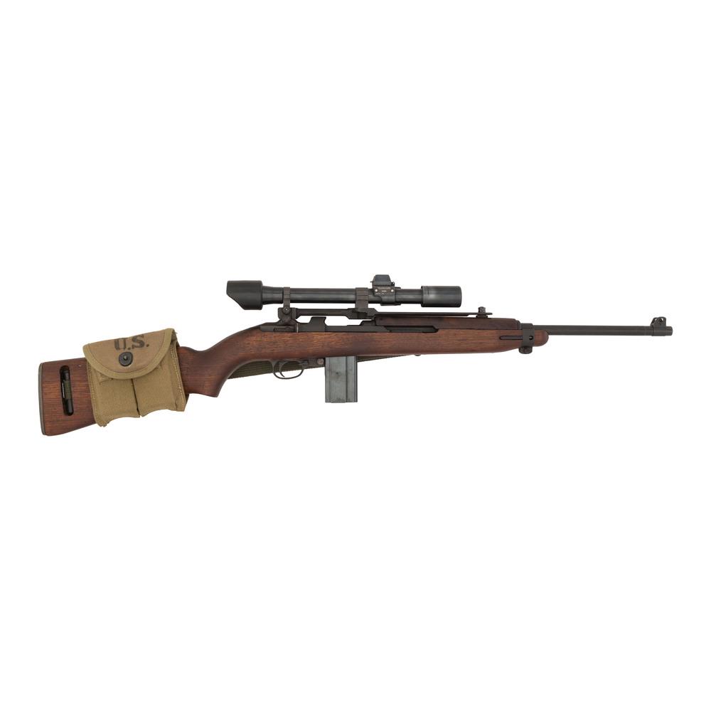 ** Inland Division M1 Carbine w/ Scope, Extra Magazines: .30 caliber. 18" barrel length. SN: 6402768. Gas operated semi automatic rifle with removable magazine, low wood, and blade front sight with ear protectors. Parkerized military finish and plain semi p