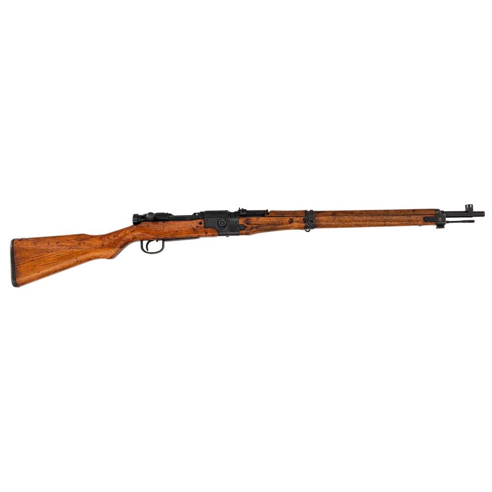 **Japanese Type 2 Ariska Paratrooper Rifle by Nagoya: 7.7mm, 25.25" barrel, S/N 8100. Blued finish, two-piece hardwood laminated stock. Matching last thee digits of serial number 100 on bolt handle, extractor, firing pin and bayonet lug. Matching take do