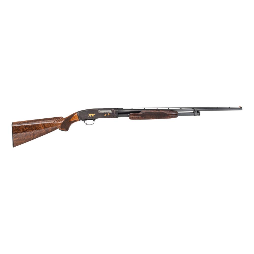 * Winchester Model 42 w/ Deluxe Wood, Custom Engravings: .410 gauge. 3" chamber. SN: 132424. 26" vent rib barrel, full choke, Pigeon Grade walnut stock with deluxe checkering. Upgraded game scene engraving featuring Setters flushing grouse highlighted in go
