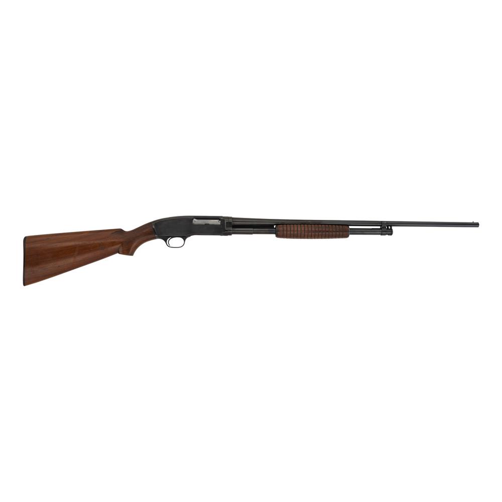 ** Winchester Model 42 Field Grade: .410 gauge. SN: 24347. 25" length of pull. 5" drop to comb. 9" drop to heel. 3" chamber. Slide action shotgun with a tube fed magazine and bead front sight. Blued metal finish. Walnut stock has a plai