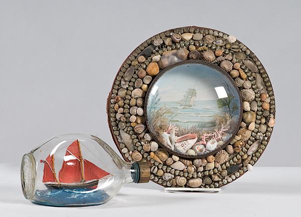 Boat in Bottle and Shell Art Diorama : Boat in Bottle and Shell Art Diorama 20th century, sail boat in a bottle marked Haig's; lg. 8 in. Together with, 20th century, shell art dioarama with ship print; dia. 10.5 in.