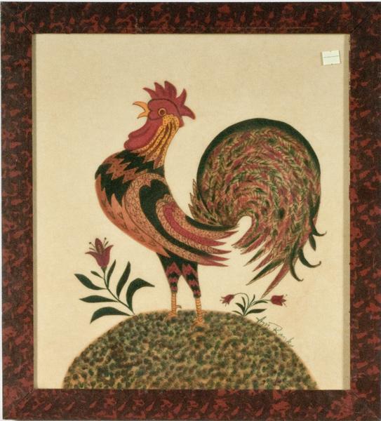 William "Rank"Theorem of Rooster : William "Rank"Theorem of Rooster Pennsylvania, William Rank (1921-2000), watercolor on velvet theorem of a rooster on a mound, signed l.r. Wm. Rank. In original paint decorated frame; 18 x 16 in.