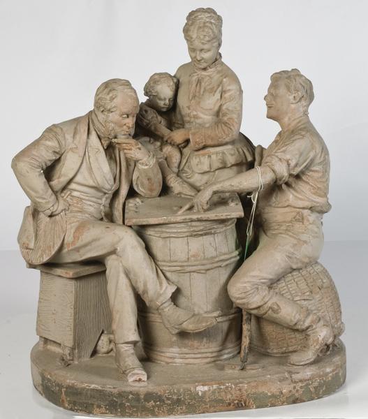 John Rogers Sculpture of Family Playing Checkers: Figural Sculpture, John Rogers, Painted Plaster Cast John Rogers (American, 1824-1904), titled Checkers Up at the Farm, signed center of base, patented 1887 l.r.; 11 dp., 17 wd., 22 ht. in.