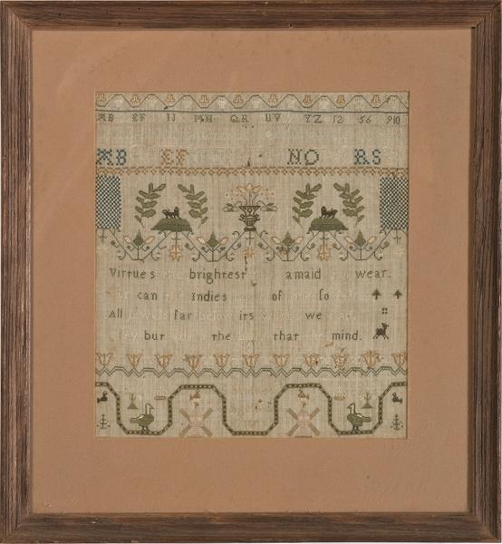 S. Skinner Needlework Sampler : S. Skinner Needlework Sampler English, reads S. Skinner Aged 11 Ys 1803, silk on linen. Motifs include: crowns, lions, floral, windmills and birds. Alphabet, numbers and verse. In a modern matted fr