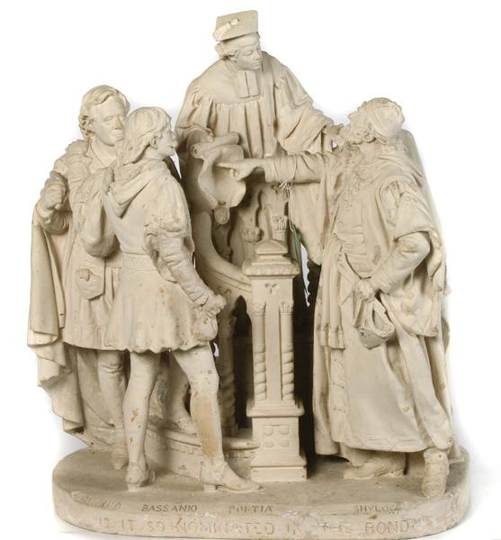 John Rogers Sculpture from Merchant of Venice: Figural Sculpture, John Rogers, Painted Plaster Cast John Rogers (American, 1824-1904), titled Is it so Nominated in the Bond?, signed and dated 1880 l.l., Patented June ? on back; with names of cha
