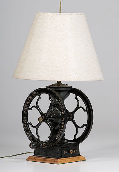 Coffee Mill Lamp : Coffee Mill Lamp cast iron coffee mill with brass fixtures and three lightbulb fixture attachment on a wooden base; 7 x 10 x 27 in.