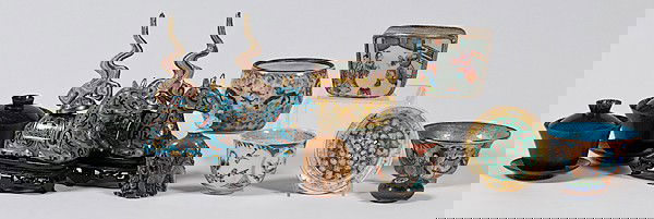 Lot of Chinese Cloisonne and Porcelain Items : Lot of Chinese Cloisonne and Porcelain Items Includes two cloisonne horses both on carved wood stand, ht 6.5 in; and a grouping of various rice bowls and planters, tallest 3.5 in; and a silver box w