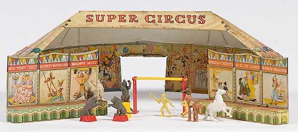Louis Marx Tin Super Circus : Louis Marx Tin Super Circus American, ca 1950-1960, Louis Marx Tin Super Circus includes tin litho tent and assortment of plastic animals and circus people, in original box.