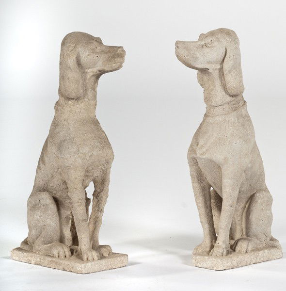 Pair of Garden Sculptures : Pair of Garden Sculptures Lot of 2. Cast cement statue of sitting dog; ht. 29.5, wd. 8, dp. 17.5 in.