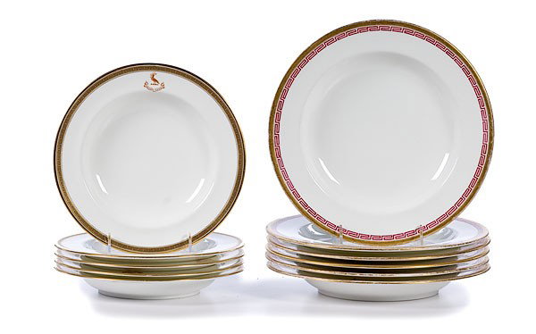 English Tablewares with Heraldry : English Tablewares with Heraldry ca 1800-1810, A set of six porcelain low bowls with Greek key and gold gilt rim, unmarked; dia. 10.5 in. Plus a set of five porcelain low bowls, with black Greek key