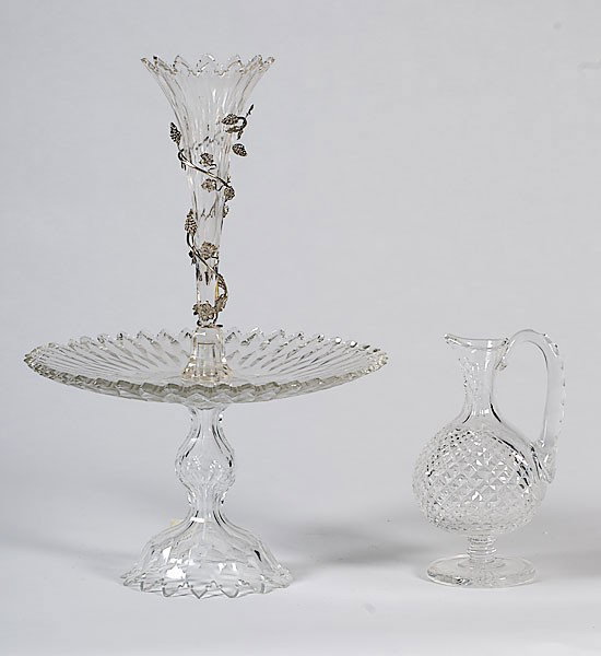 Cut Glass Epergne and Decanter : Cut Glass Epergne and Decanter a cut glass epergne, three parts, with decorative wire mount ascending up horn; ht 19 in; Plus a cut glass decanter with notched handle; ht. 9 in.