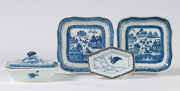 Four Blue and White Canton Tablewares : Four Blue and White Canton Tablewares Continental, late 19th century, four Canton tablewares including a covered dish; ht. 2.5, lg. 8, dp. 7 in; Plus two serving dishes; sq. 8.75 in; Plus a small ob