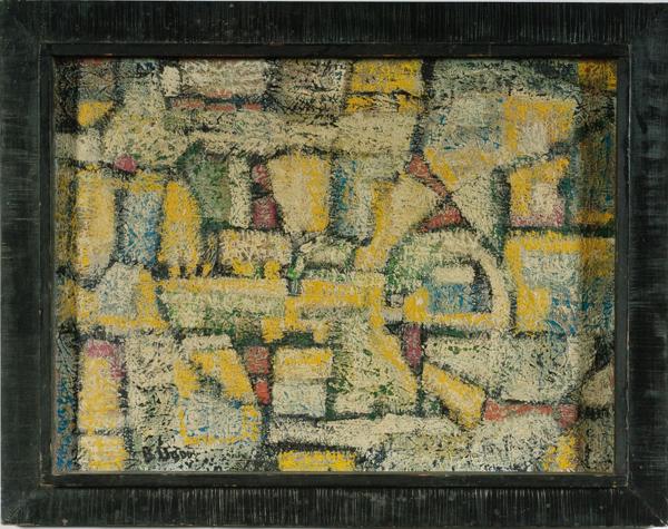 Abstract Painting by Ben Dodds, Acrylic on Board : Abstract Painting by Ben Dodds, Acrylic on Board Ben Dodds, ca 1950-1960, titled Refractions , signed l.l.; 23 x 17 in. with label on verso from the Canton Art Institute 9th Annual Fall Show/Sept 4-